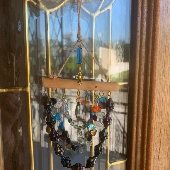 Iridescent Glass Beaded hanging ornament with multicolored Leaf Accents - Picture 8 of 10